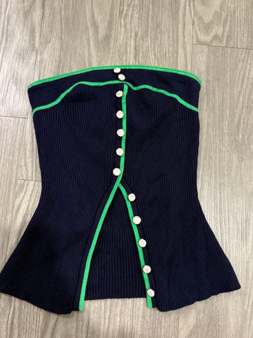 Navy Strapless Ribbed Camisole with Green Trim and Pearl Buttons